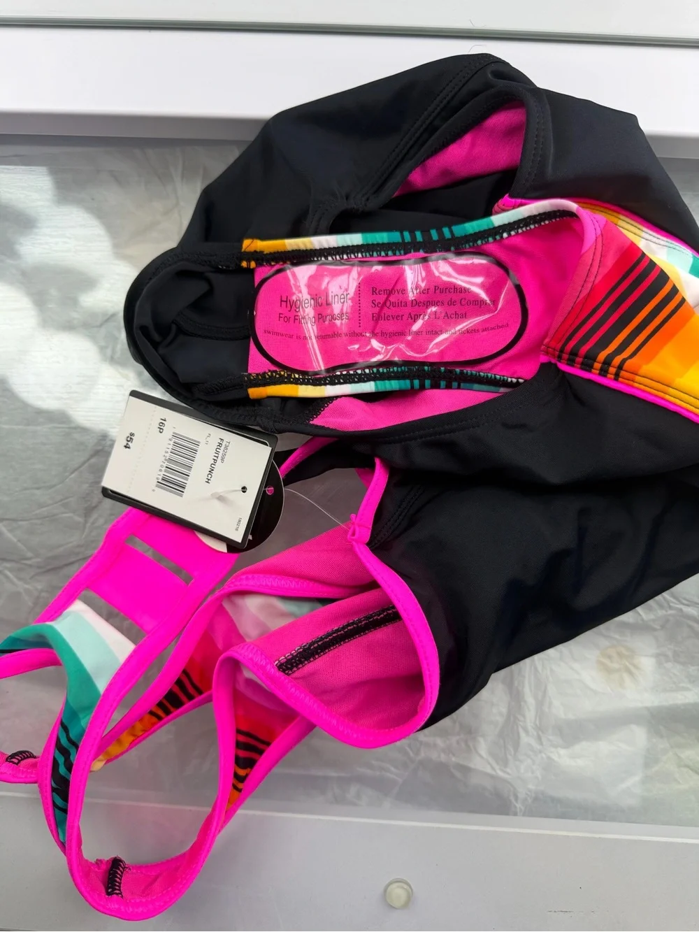 ZeroXposur Girls One-Piece Swimsuit - Pink, Black, Teal, Yellow Stripe